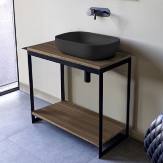 Console Bathroom Vanity Console Sink Vanity With Matte Black Vessel Sink and Natural Brown Oak Shelf, 35
